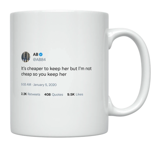 Antonio Brown - Cheaper to Keep Her but I’m Not Cheap-tweet on mug