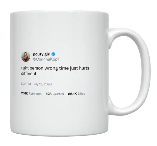 Corinna Kopf - Right Person Wrong Time Just Hurts Different-tweet on mug
