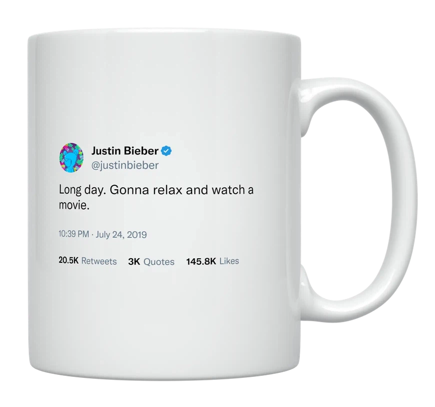 Justin Bieber - Long Day, Watch a Movie-tweet on mug