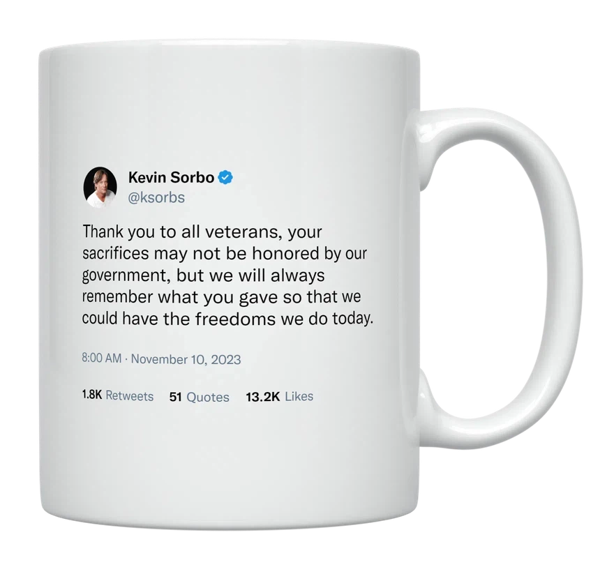 Kevin Sorbo - Thank You to All Veterans-tweet on mug