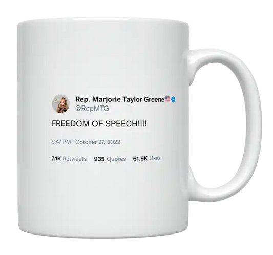 Marjorie Taylor Greene - Freedom of Speech-tweet on mug