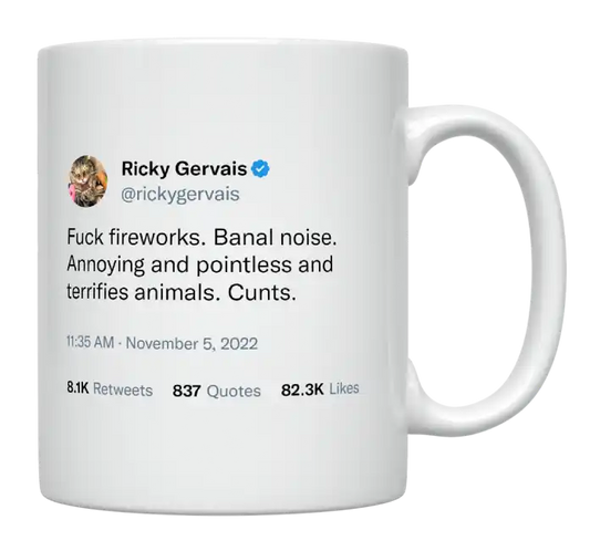 Ricky Gervais - Fuck Fireworks-tweet on mug