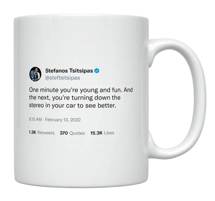 Stefanos Tsitsipas - One Minute You’re Young and Fun-tweet on mug