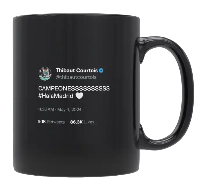 Thibaut Courtois - Campeones Hala Madrid-tweet on mug