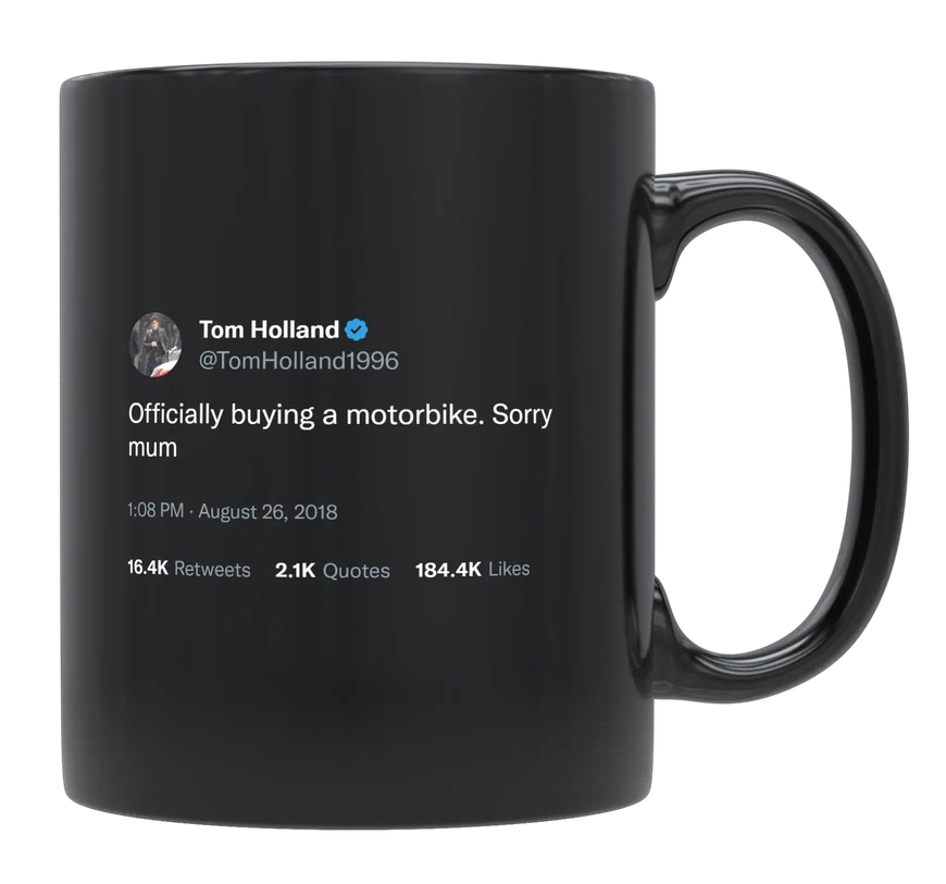Tom Holland - Buying a Motorbike-tweet on mug