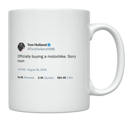Tom Holland - Buying a Motorbike-tweet on mug